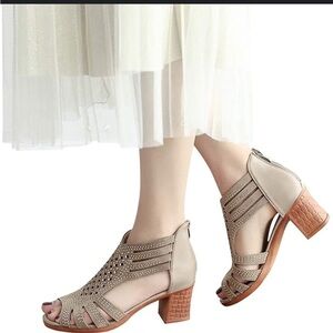 BRANDNEW Beige embellished block heel sandals, size 37